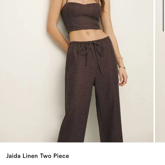 Reformation Chocolate and White Polka Dot Two-Piece Linen Set - Picture 3 of 3